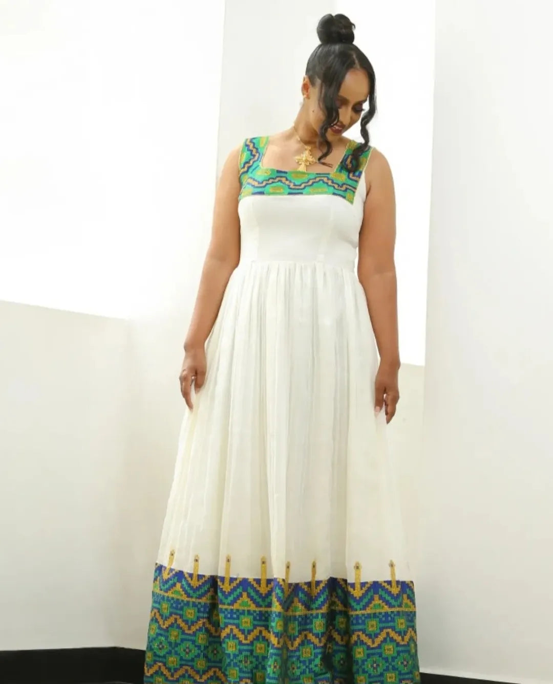 Ethiopian Cultural Dress – Green Handwoven Habesha Kemis with Tibeb