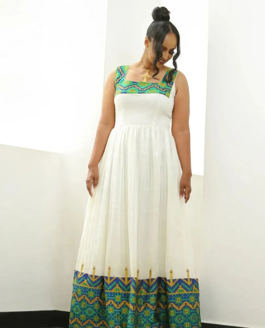 Ethiopian Cultural Dress – Green Handwoven Habesha Kemis with Tibeb