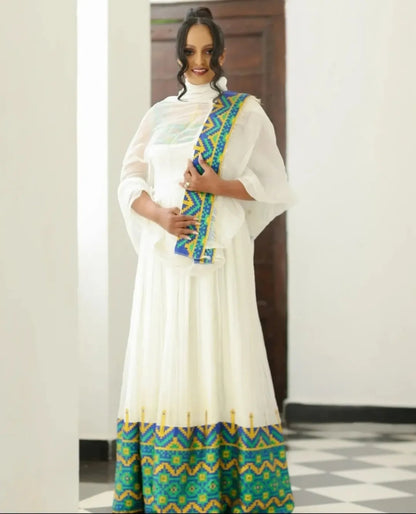 Ethiopian Cultural Dress – Green Handwoven Habesha Kemis with Tibeb