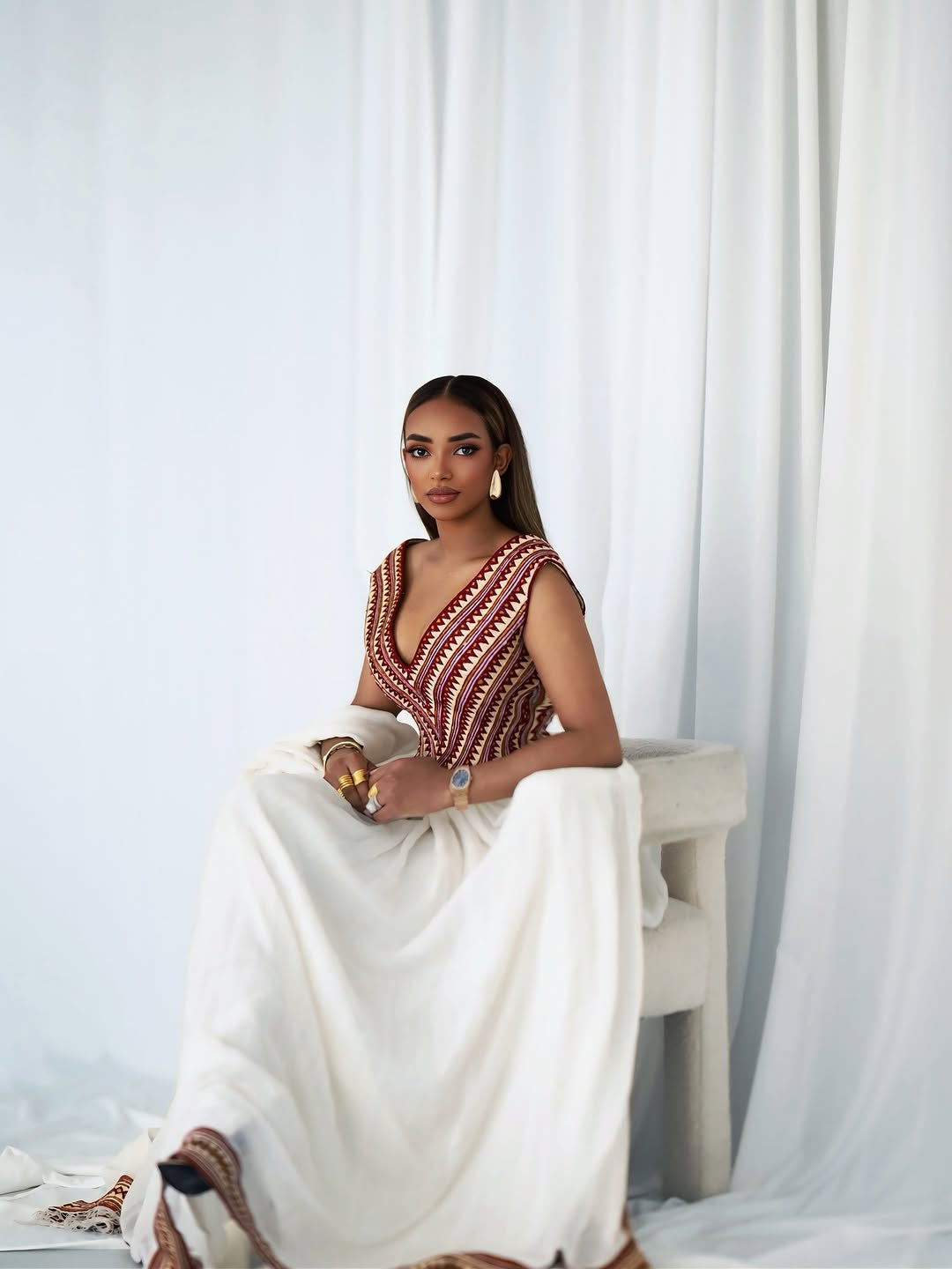 Harmony Habesha Kemis – Deep Red Modern Elegance Ethiopian Dress by Tsehaye Mehari