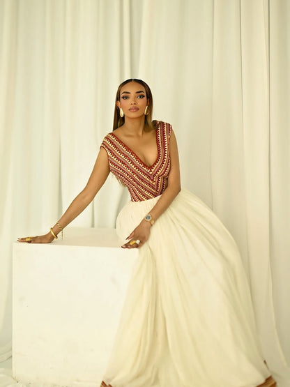 Harmony Habesha Kemis – Deep Red Modern Elegance Ethiopian Dress by Tsehaye Mehari