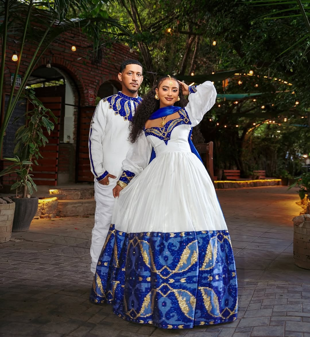 Blue Matching Habesha Couple Set – Coordinated Ethiopian Outfits for Weddings, Engagements, and Special Celebrations
