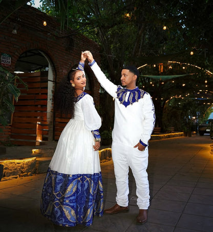 Blue Matching Habesha Couple Set – Coordinated Ethiopian Outfits for Weddings, Engagements, and Special Celebrations