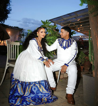 Blue Matching Habesha Couple Set – Coordinated Ethiopian Outfits for Weddings, Engagements, and Special Celebrations