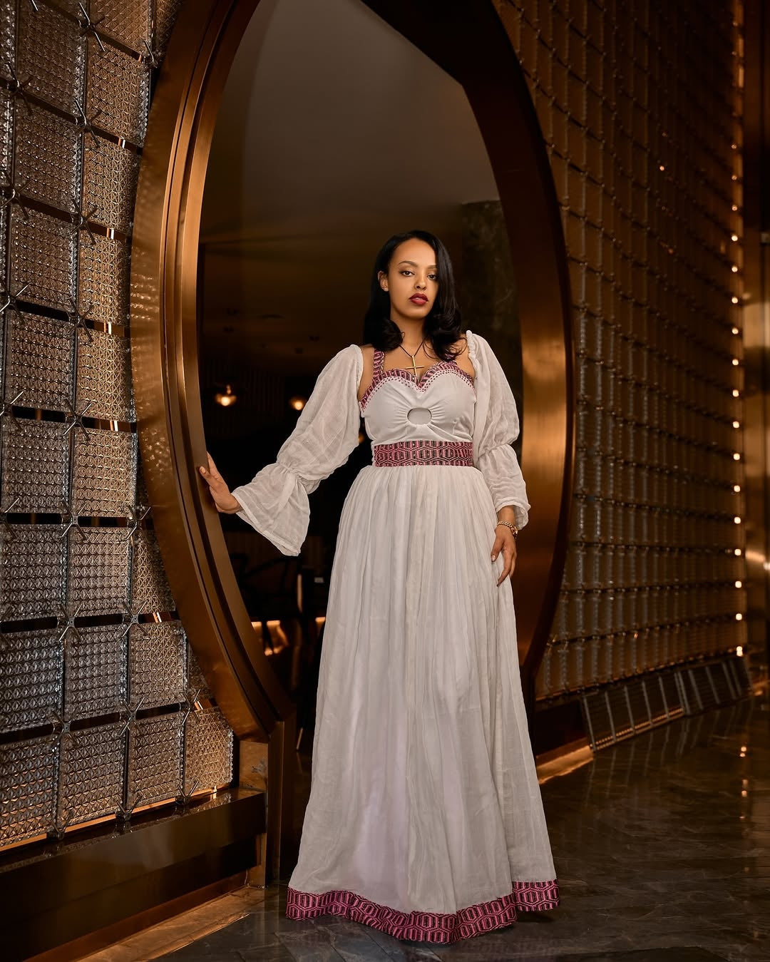 White Habesha Dress with Mauve Tilf Embroidery and Sheer Puff Sleeves