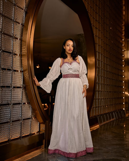 White Habesha Dress with Mauve Tilf Embroidery and Sheer Puff Sleeves