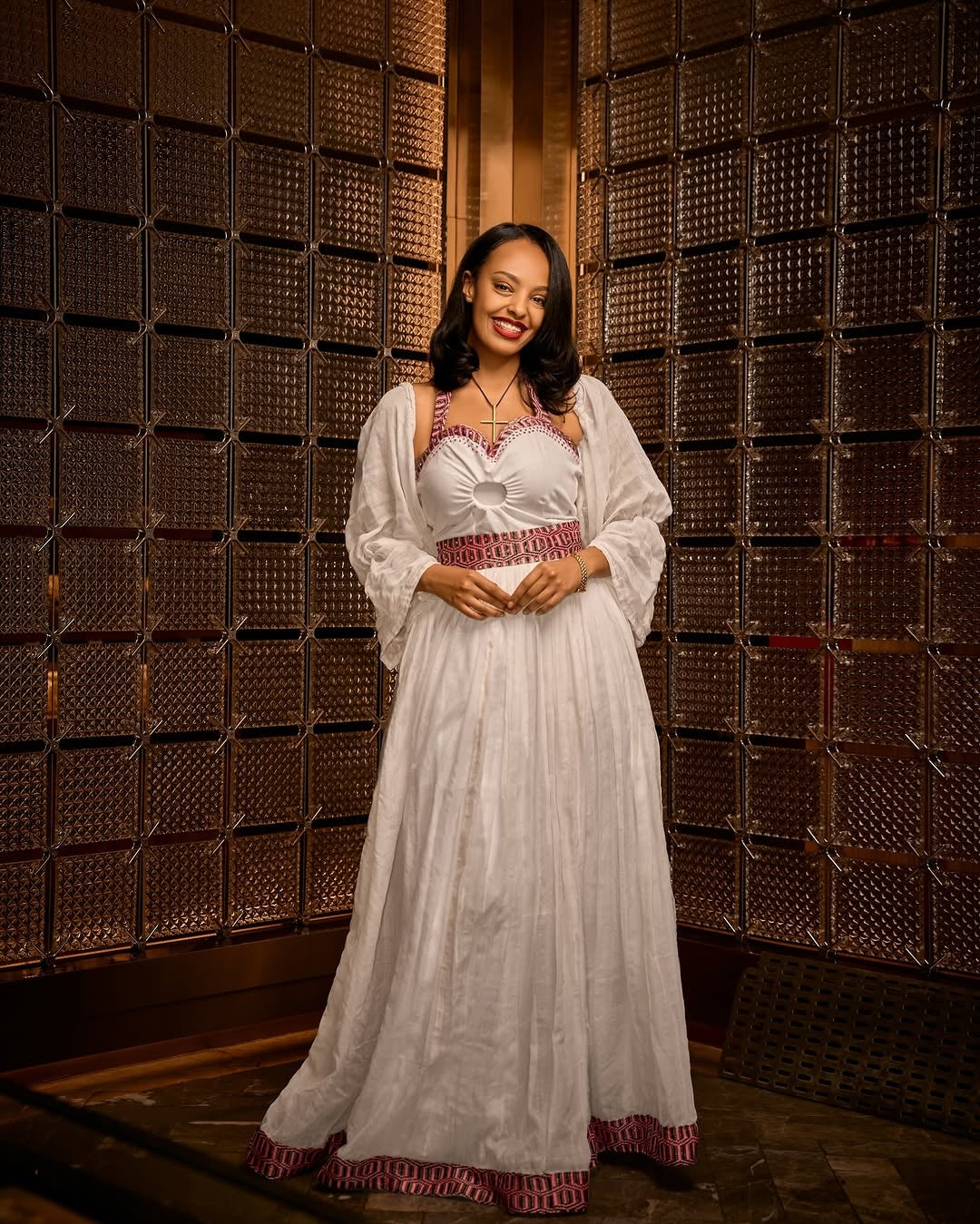 White Habesha Dress with Mauve Tilf Embroidery and Sheer Puff Sleeves