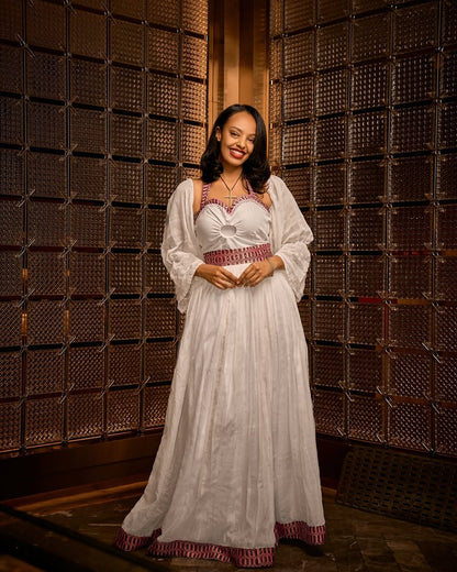 White Habesha Dress with Mauve Tilf Embroidery and Sheer Puff Sleeves