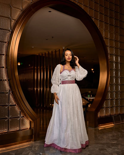 White Habesha Dress with Mauve Tilf Embroidery and Sheer Puff Sleeves