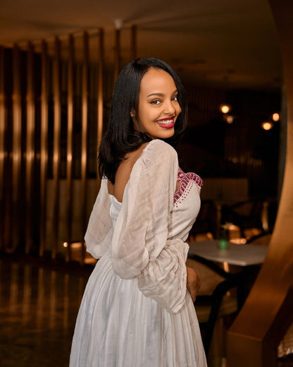 White Habesha Dress with Mauve Tilf Embroidery and Sheer Puff Sleeves