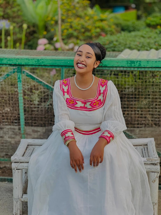Pink Ethiopian Dress – Traditional Habesha Outfit for Comfortable Wear at Weddings and Cultural Events