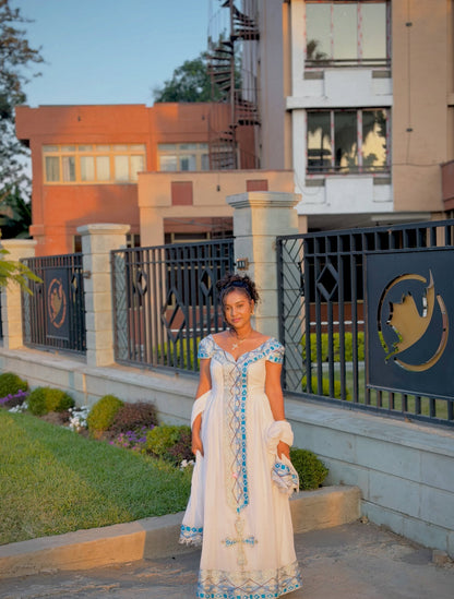 Blue Habesha Kemis with Graceful Flowing Silhouette for Church Events