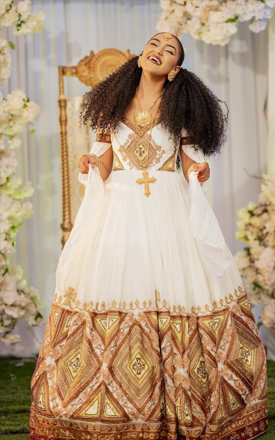 Gold Habesha Dress | Ethiopian Wedding Kemis for Special Occasions