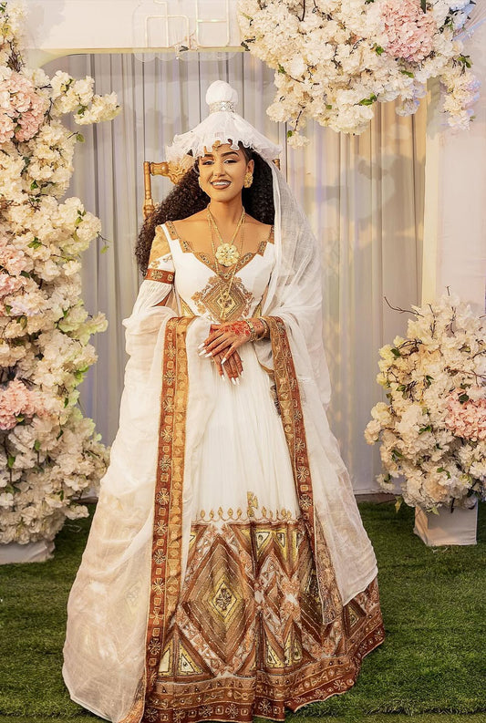 Gold Habesha Dress | Ethiopian Wedding Kemis for Special Occasions