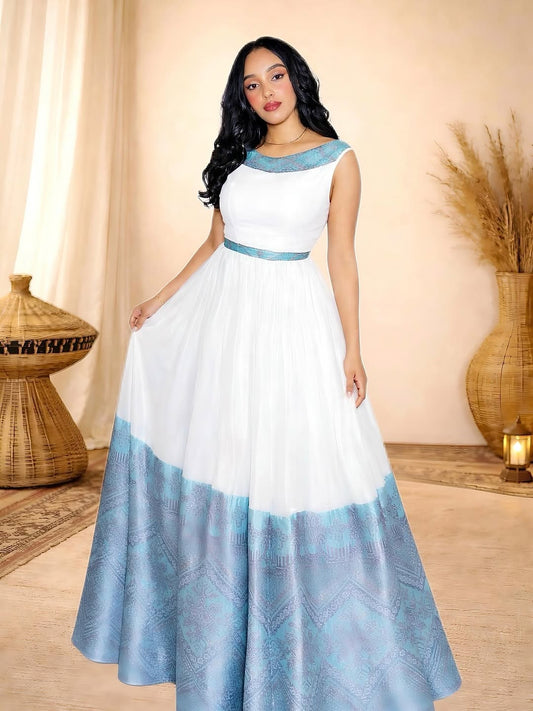 Blue Habesha Dress with Tibeb – Traditional Ethiopian Outfit with Woven Detail for Cultural Events