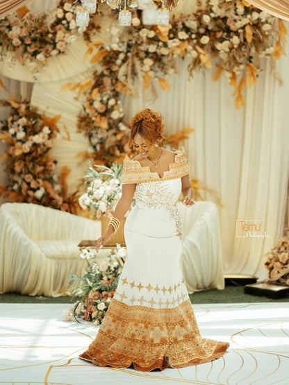 Gold Mermaid Habesha  Zuria – White and Gold Hand-Embroidered Ethiopian Wedding Dress for Brides and Royal Cultural Celebrations