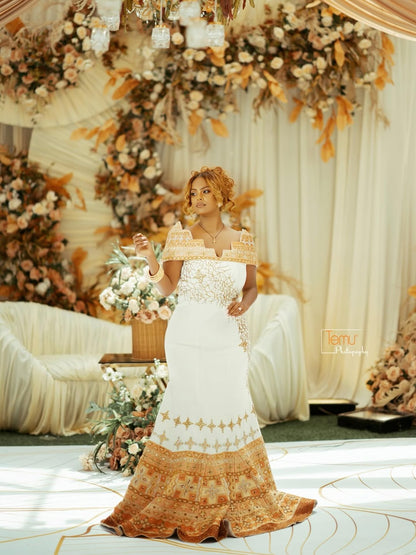 Gold Mermaid Habesha  Zuria – White and Gold Hand-Embroidered Ethiopian Wedding Dress for Brides and Royal Cultural Celebrations