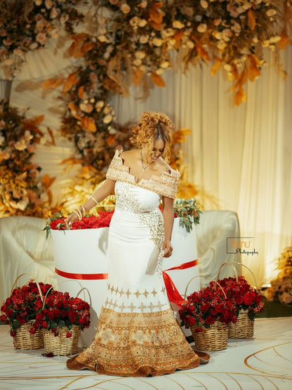 Gold Mermaid Habesha  Zuria – White and Gold Hand-Embroidered Ethiopian Wedding Dress for Brides and Royal Cultural Celebrations