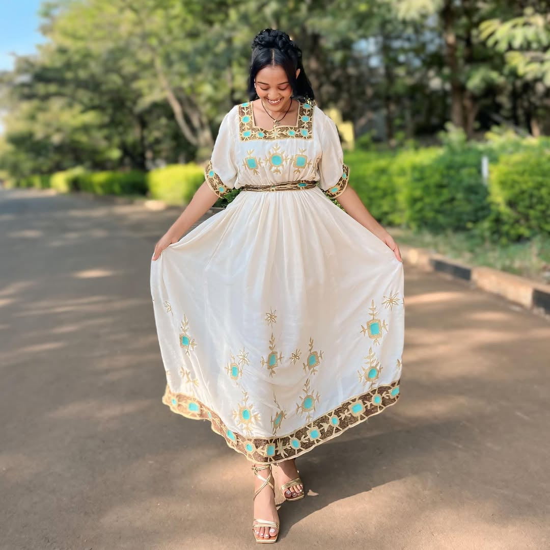 Royal Gold Habesha Dress – Elegant Simple Ethiopian Dress with Gold Tibeb