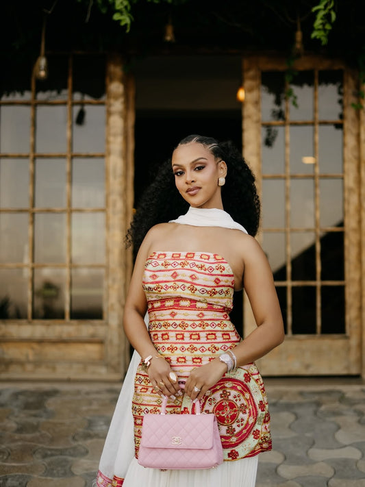 Red Habesha Libs Matching Couple Set – Full Tibeb Ethiopian Kemis and Embroidered Shirt for Weddings and Cultural Events