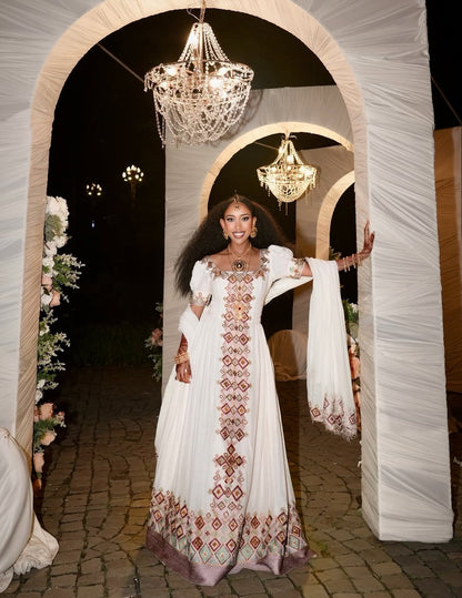 Pink and Gold Habesha Dress – Ethiopian Zuria with Shawl