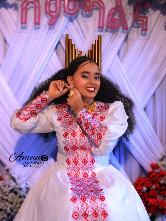 Modern Pink Habesha Dress – Soft Flowing kemis with Tilf Trim embroydery  for Weddings