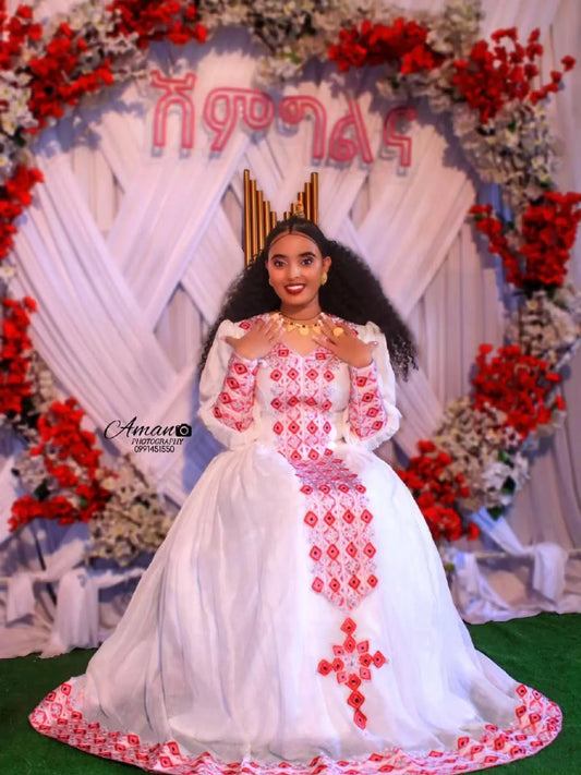 Modern Pink Habesha Dress – Soft Flowing kemis with Tilf Trim embroydery  for Weddings