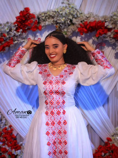 Modern Pink Habesha Dress – Soft Flowing kemis with Tilf Trim embroydery  for Weddings