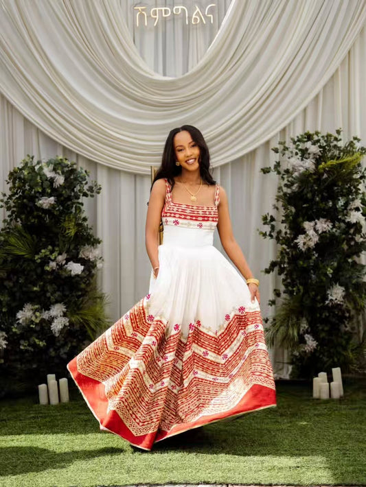 Red Habesha Kemis – Regal Handwoven Dress with Tilf Embroidery for shimgenela