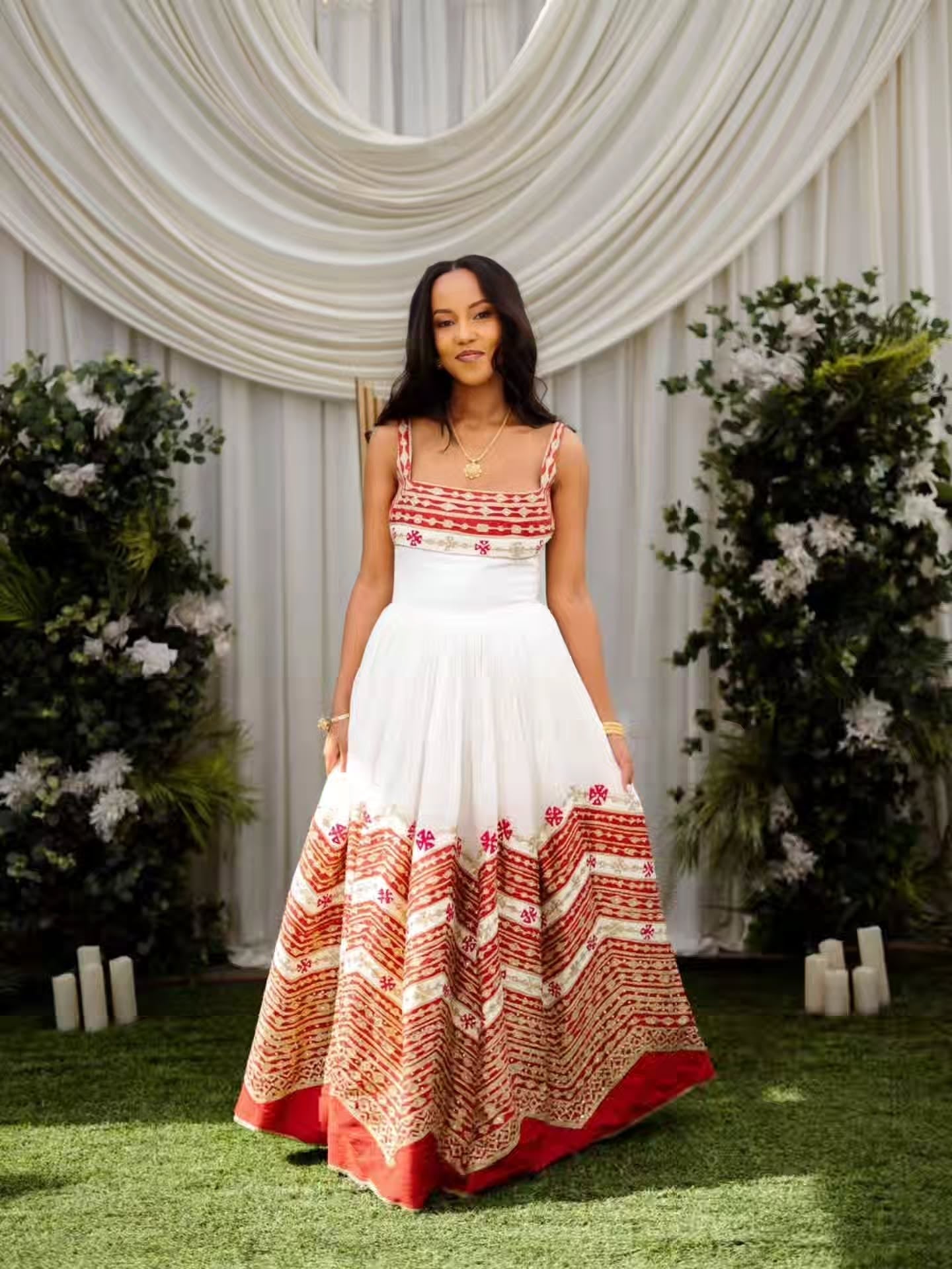 Red Habesha Kemis – Regal Handwoven Dress with Tilf Embroidery for shimgenela