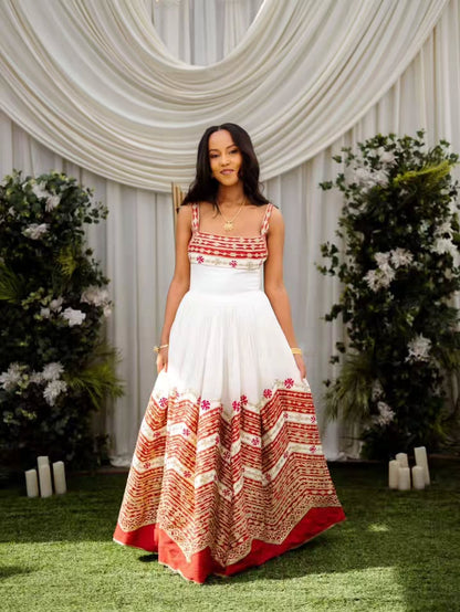 Red Habesha Kemis – Regal Handwoven Dress with Tilf Embroidery for shimgenela