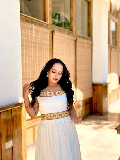 Gold Habesha Kemis – Radiant Handwoven Dress with Golden Tibeb Embroidery for Cultural Festivals