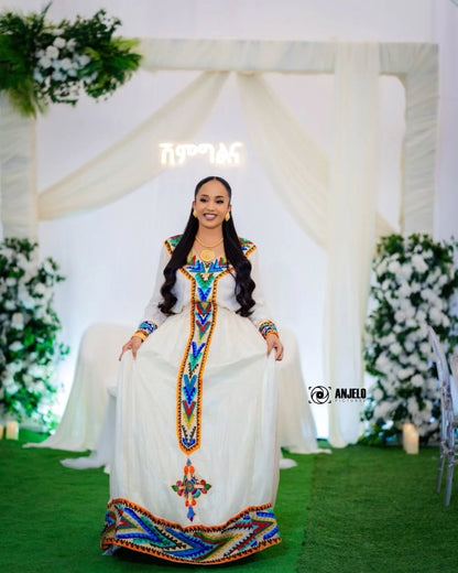 Multicolor Ethiopian Dress Cotton Rainbow Tilet Embroidery for Women
