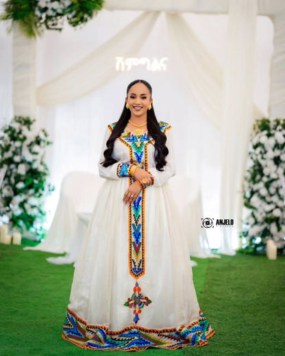 Multicolor Ethiopian Dress Cotton Rainbow Tilet Embroidery for Women