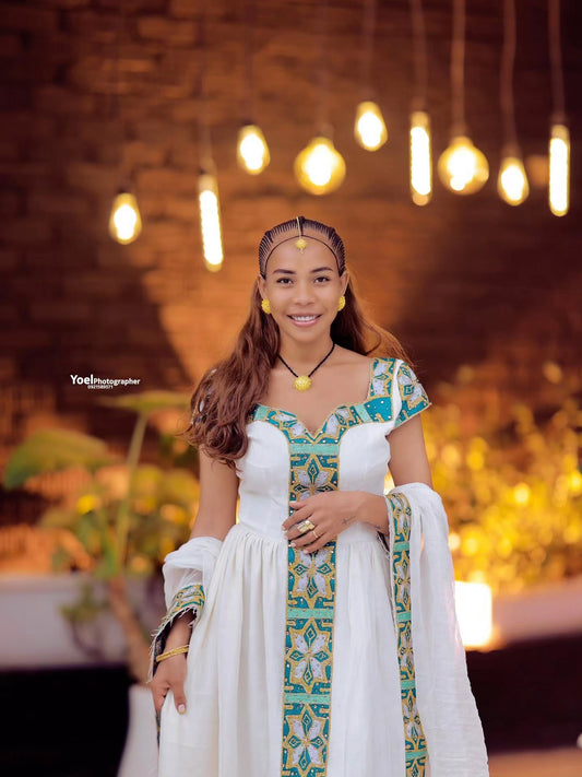 Green Habesha Dress Cotton Matching Tibeb Embroidery for Couples