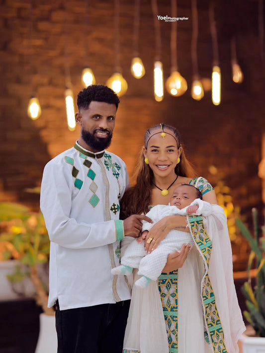 Green Habesha Dress Cotton Matching Tibeb Embroidery for Couples