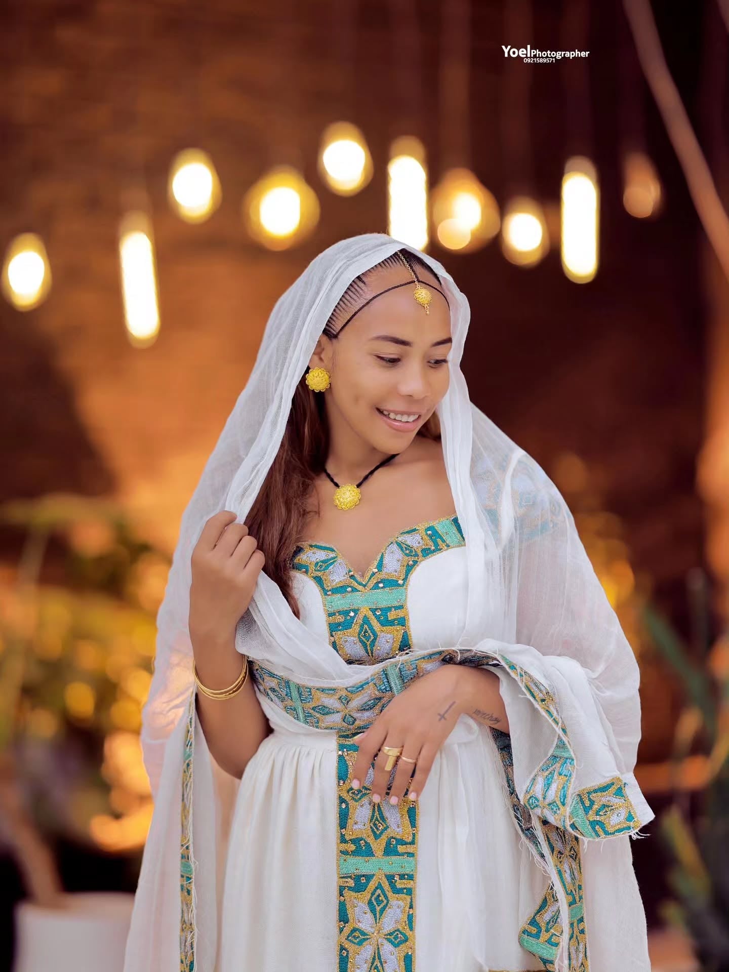 Green Habesha Dress Cotton Matching Tibeb Embroidery for Couples
