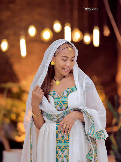 Green Habesha Dress Cotton Matching Tibeb Embroidery for Couples