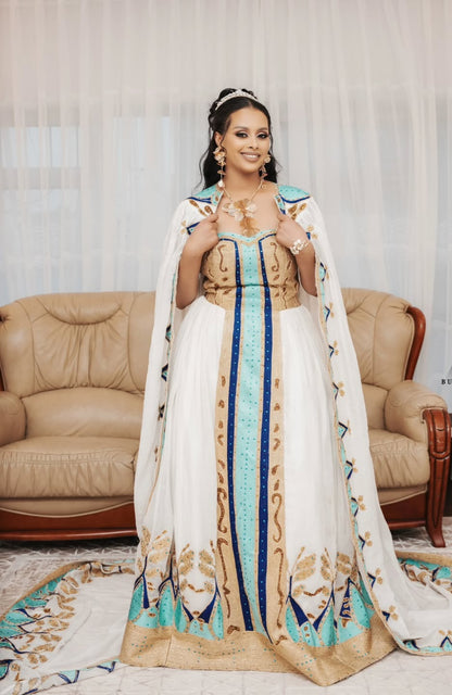 Gold Luxury Habesha Dress – Premium Menen Fabric for Brides & Maid of Honor