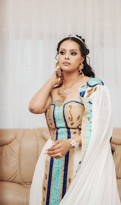 Gold Luxury Habesha Dress – Premium Menen Fabric for Brides & Maid of Honor