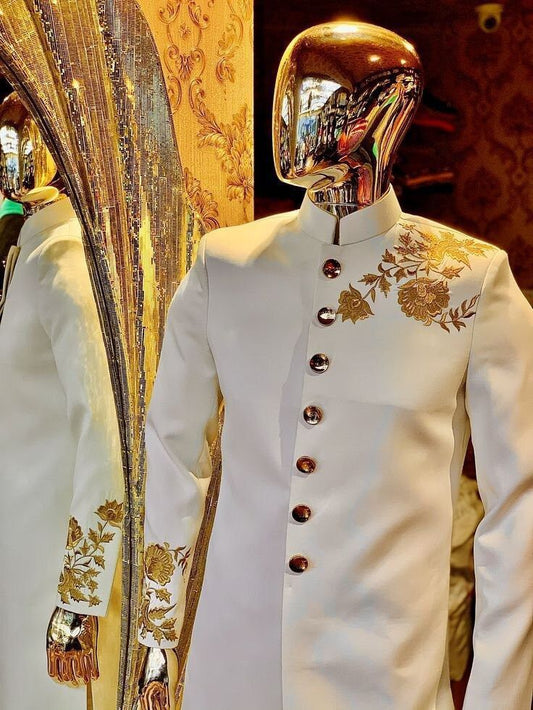 White Habesha Men's Jacket with Gold Floral Embroidery