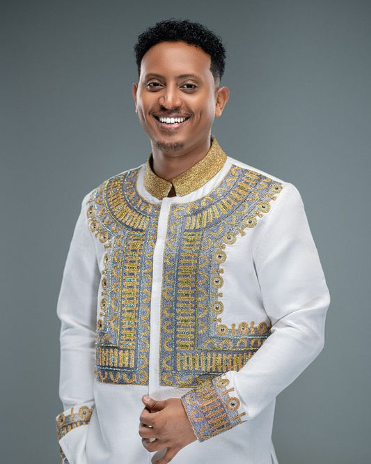 Habesha Men's Shirt with Gold & Yellow Tibeb – Stylish Ethiopian Traditional Outfit