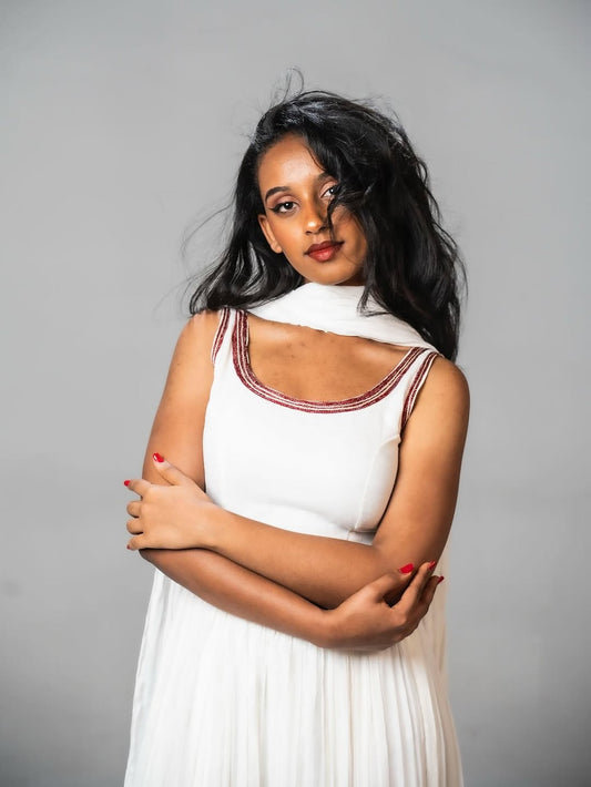 Ethiopia Culture Dress for Women – White & Red Traditional Habesha Dress with Handwoven Tibeb Embroidery