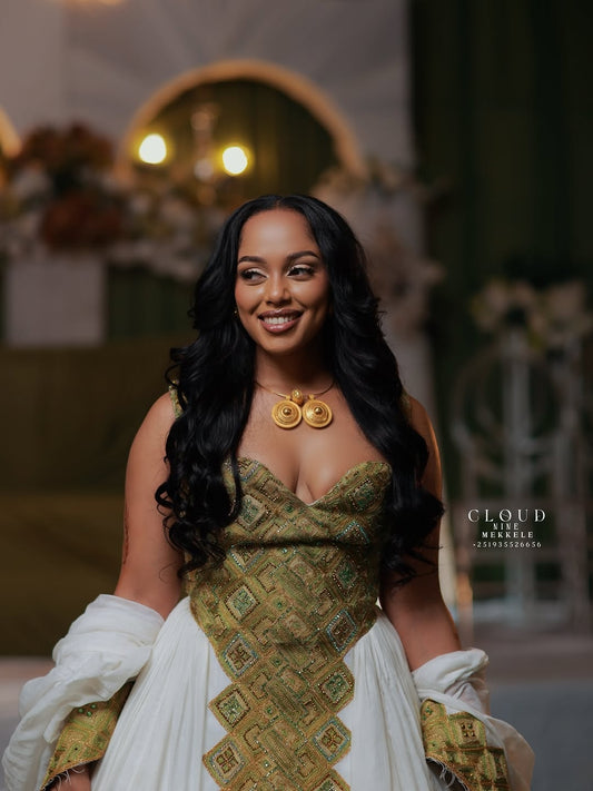Green Habesha Wedding Dress – Elegant off shoulder kemis Detail Design for Brides & Celebrations