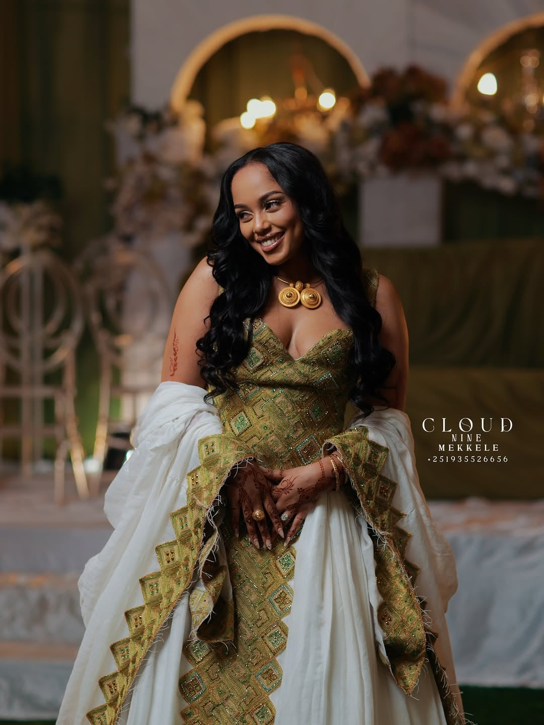Green Habesha Wedding Dress – Elegant off shoulder kemis Detail Design for Brides & Celebrations