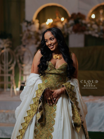 Green Habesha Wedding Dress – Elegant off shoulder kemis Detail Design for Brides & Celebrations