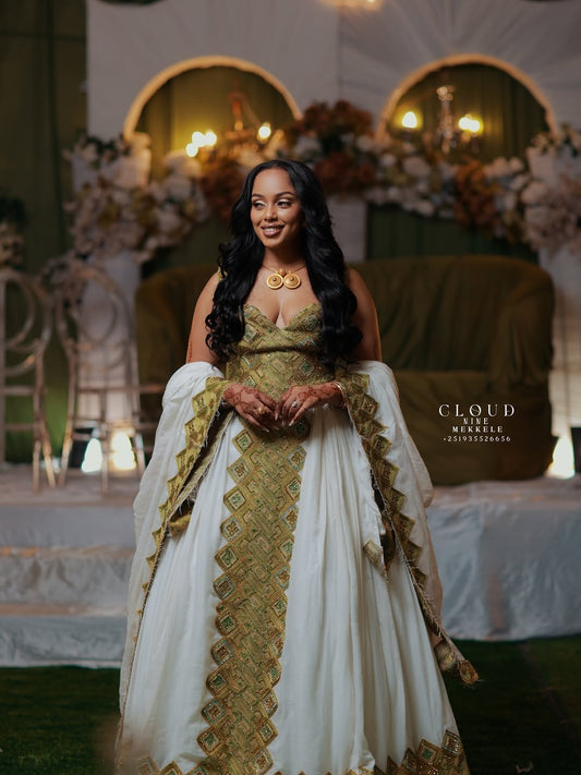 Green Habesha Wedding Dress – Elegant off shoulder kemis Detail Design for Brides & Celebrations