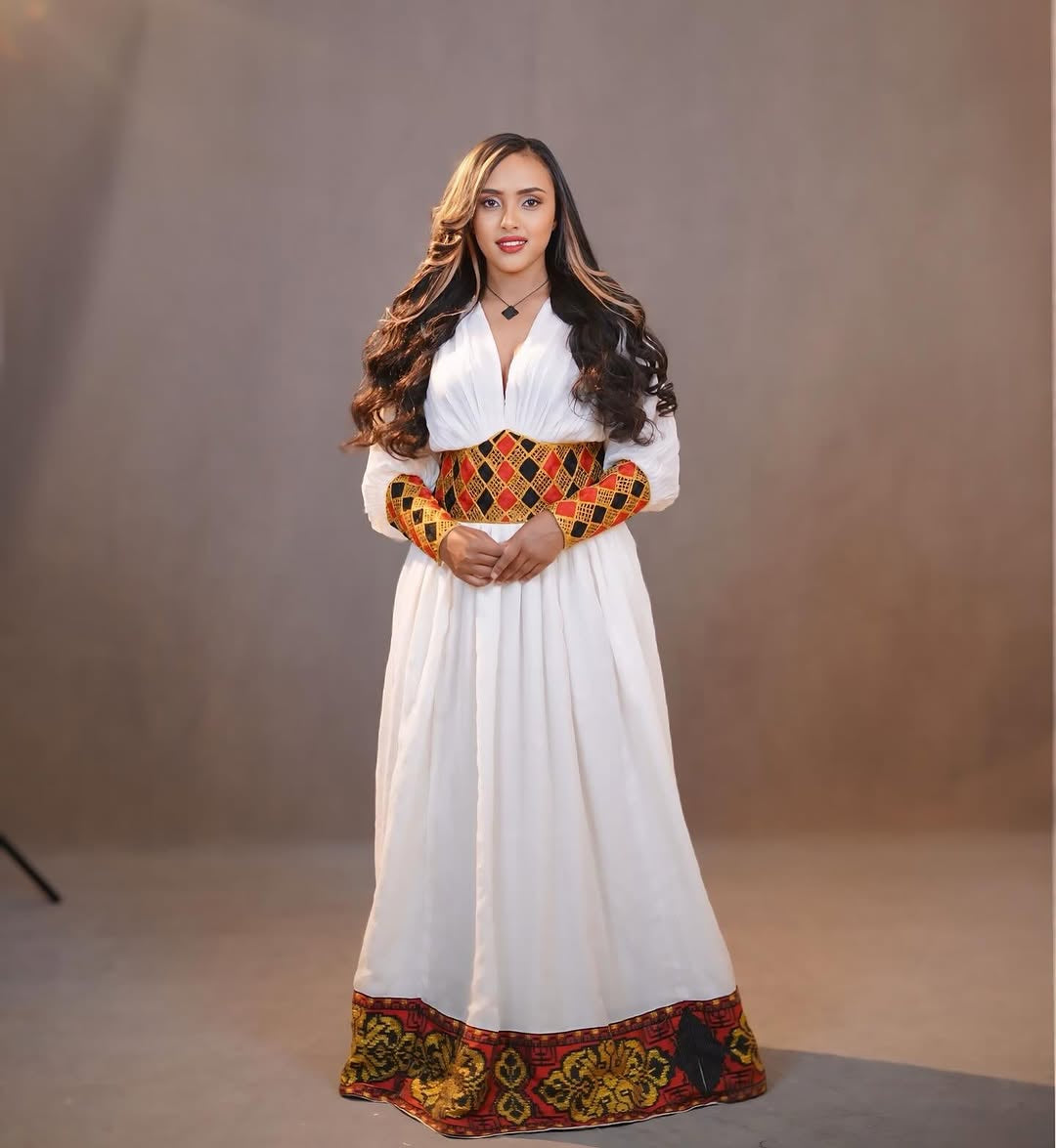 Orange Habesha Clothes | Bright Ethiopian Dress for Celebrations