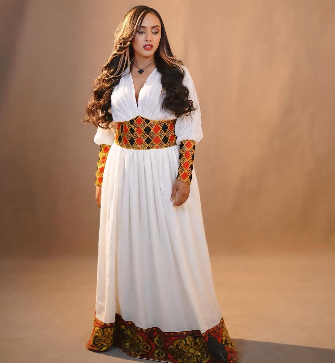 Orange Habesha Clothes | Bright Ethiopian Dress for Celebrations