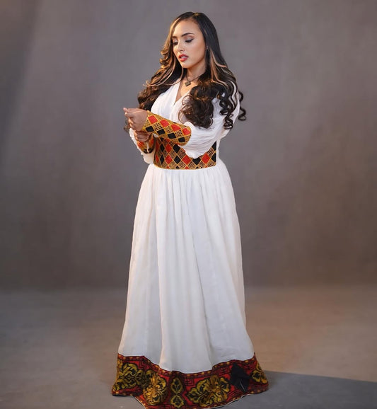 Orange Habesha Clothes | Bright Ethiopian Dress for Celebrations